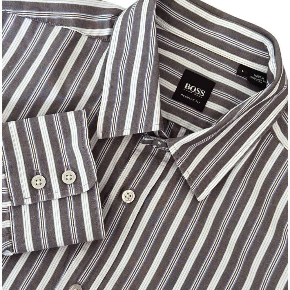Hugo Boss Lex Cotton Gray w White and Tonal Blue Stripe Shirt Mens Size LG